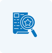 Document with magnifying glass and star icon.